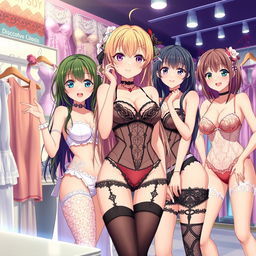 Anime girls in a lingerie shop, wearing sexy and stylish lingerie, vibrant colors, playful and flirtatious atmosphere, showcasing a variety of dazzling outfits and accessories, charming expressions, surrounded by beautiful displays of lace and satin, bright lighting that highlights the textures, an inviting and fun ambiance