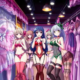 Anime girls in a lingerie shop, wearing sexy and stylish lingerie, vibrant colors, playful and flirtatious atmosphere, showcasing a variety of dazzling outfits and accessories, charming expressions, surrounded by beautiful displays of lace and satin, bright lighting that highlights the textures, an inviting and fun ambiance