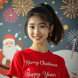 A beautiful Korean woman wearing a red t-shirt featuring the festive text 'Merry Christmas & Happy New Year'