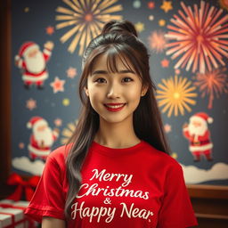 A beautiful Korean woman wearing a red t-shirt featuring the festive text 'Merry Christmas & Happy New Year'