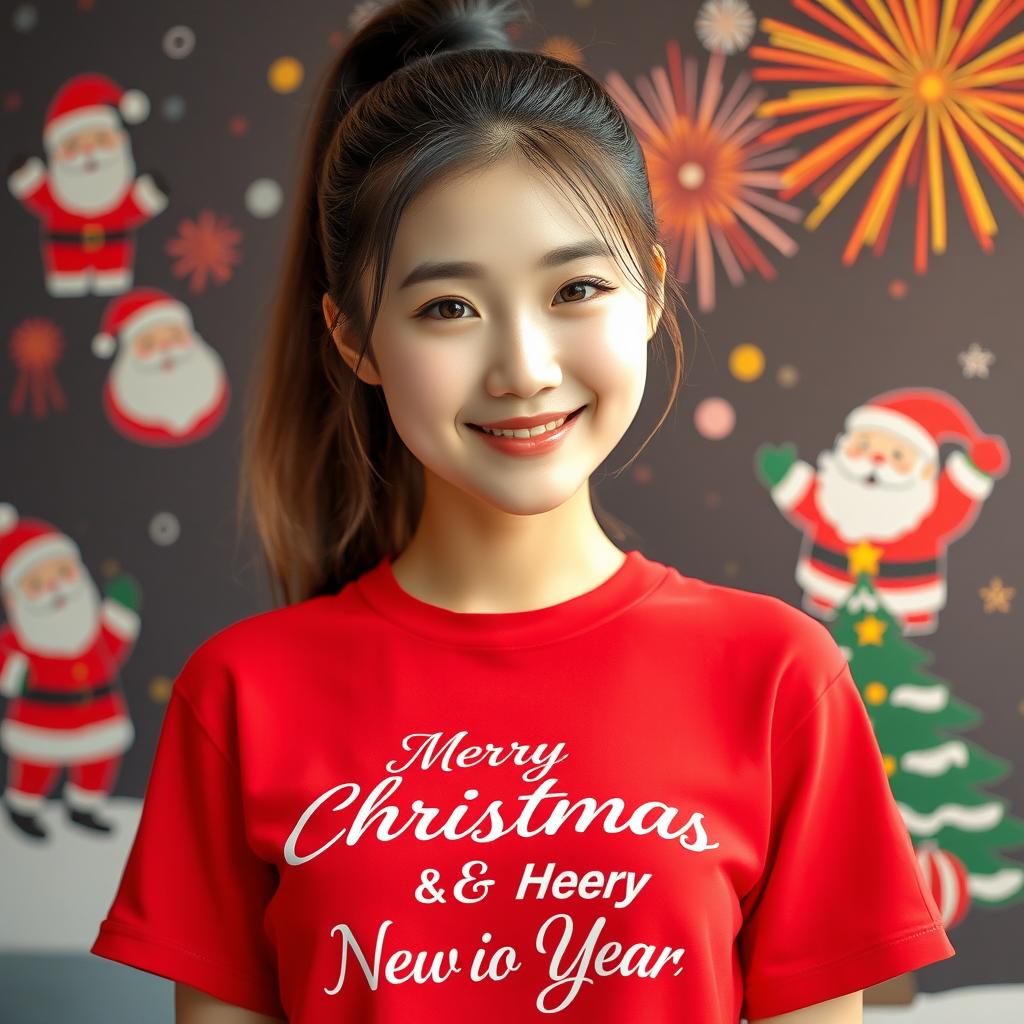 A beautiful Korean woman wearing a red t-shirt featuring the festive text 'Merry Christmas & Happy New Year'