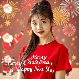 A beautiful Korean woman wearing a red t-shirt featuring the festive text 'Merry Christmas & Happy New Year'