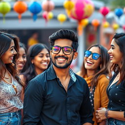 An Indian man wearing stylish black glasses, exuding confidence and charm, surrounded by five beautiful women who are laughing and enjoying his company