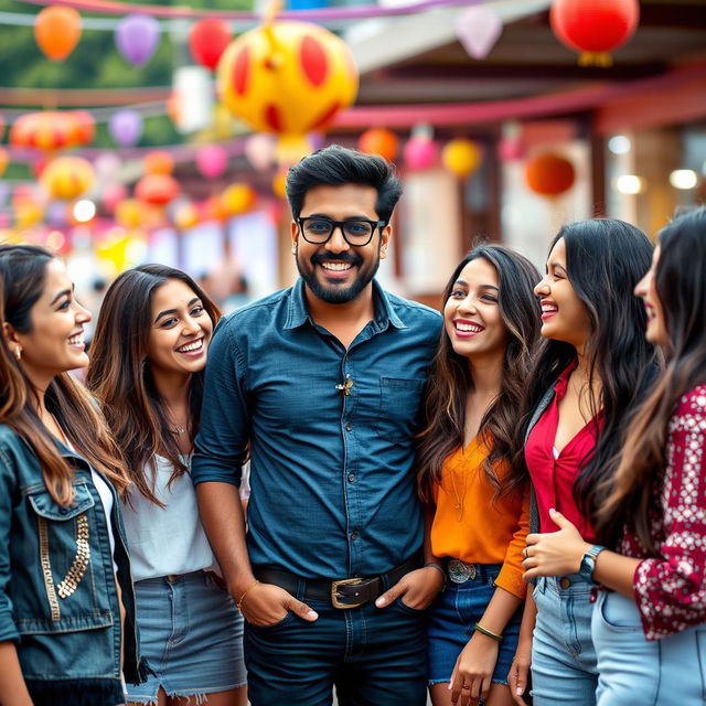 An Indian man wearing stylish black glasses, exuding confidence and charm, surrounded by five beautiful women who are laughing and enjoying his company