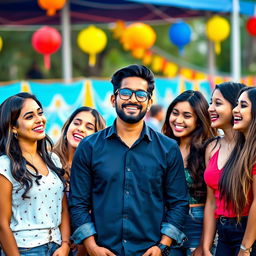 An Indian man wearing stylish black glasses, exuding confidence and charm, surrounded by five beautiful women who are laughing and enjoying his company