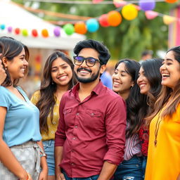 An Indian man wearing stylish black glasses, exuding confidence and charm, surrounded by five beautiful women who are laughing and enjoying his company
