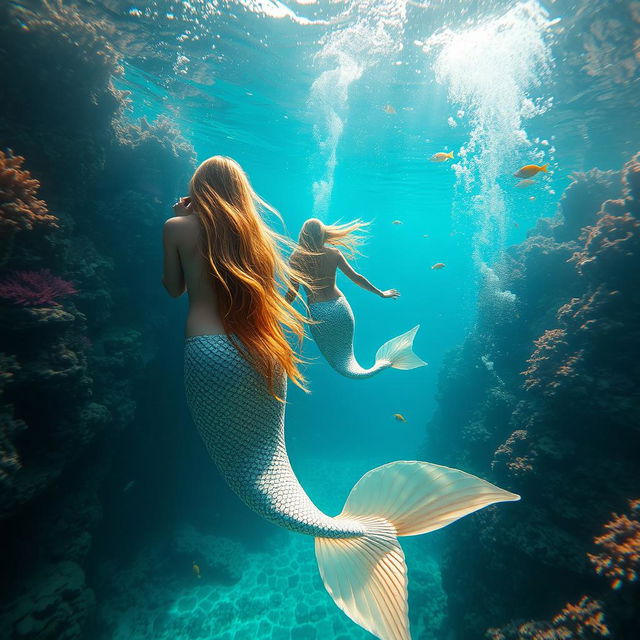 A beautiful scene featuring graceful nude mermaids swimming in crystal clear ocean waters, surrounded by vibrant coral reefs and colorful tropical fish