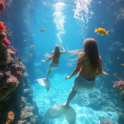 A beautiful scene featuring graceful nude mermaids swimming in crystal clear ocean waters, surrounded by vibrant coral reefs and colorful tropical fish