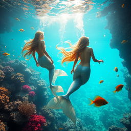 A beautiful scene featuring graceful nude mermaids swimming in crystal clear ocean waters, surrounded by vibrant coral reefs and colorful tropical fish