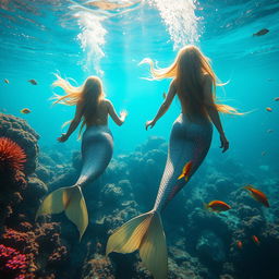 A beautiful scene featuring graceful nude mermaids swimming in crystal clear ocean waters, surrounded by vibrant coral reefs and colorful tropical fish