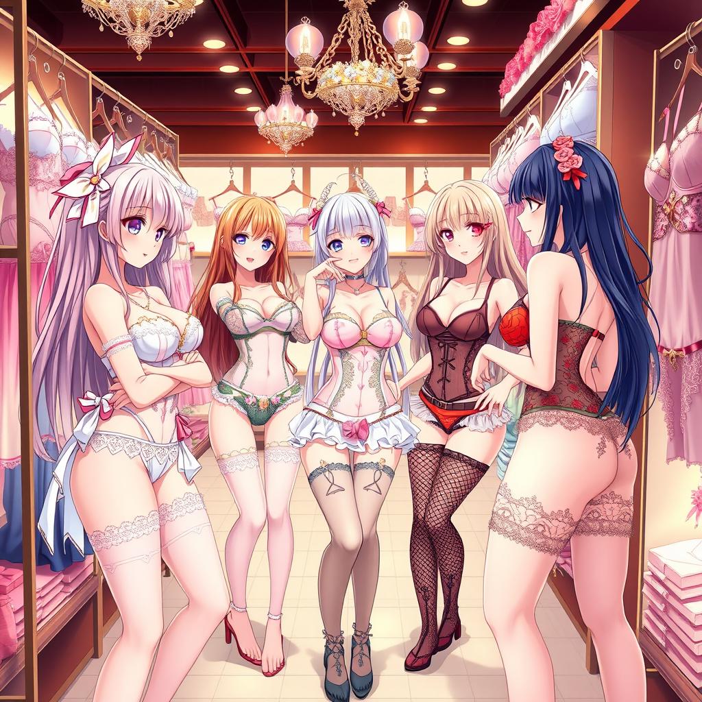 Anime girls in a lingerie shop, wearing an array of sexy and stylish lingerie pieces