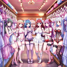 Anime girls in a lingerie shop, wearing an array of sexy and stylish lingerie pieces