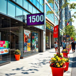 A high-resolution image focusing on a vibrant, modern storefront with a prominent display sign, showcasing a price tag that reads '15000'