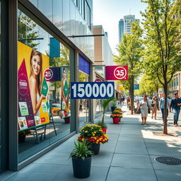 A high-resolution image focusing on a vibrant, modern storefront with a prominent display sign, showcasing a price tag that reads '15000'