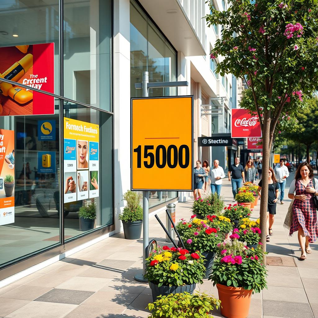 A high-resolution image focusing on a vibrant, modern storefront with a prominent display sign, showcasing a price tag that reads '15000'