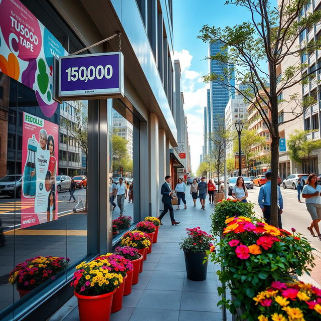 A high-resolution image focusing on a vibrant, modern storefront with a prominent display sign, showcasing a price tag that reads '15000'