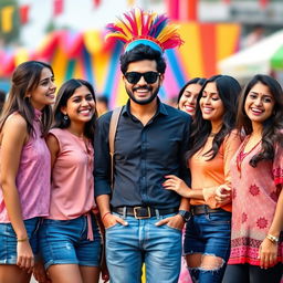 An Indian man wearing black sunglasses and a quirky, colorful hat, standing confidently in the center, surrounded by five attractive young women who are laughing and enjoying his company