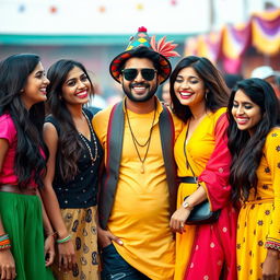 An Indian man wearing black sunglasses and a quirky, colorful hat, standing confidently in the center, surrounded by five attractive young women who are laughing and enjoying his company
