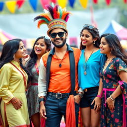 An Indian man wearing black sunglasses and a quirky, colorful hat, standing confidently in the center, surrounded by five attractive young women who are laughing and enjoying his company