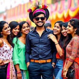 An Indian man wearing black sunglasses and a quirky, colorful hat, standing confidently in the center, surrounded by five attractive young women who are laughing and enjoying his company