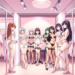An anime-style illustration featuring a group of attractive anime girls trying on sexy lingerie in a trendy lingerie store