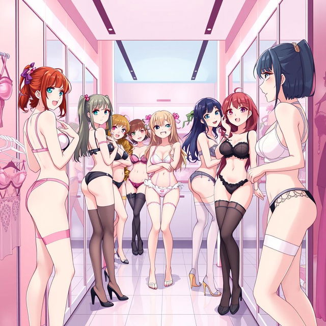 An anime-style illustration featuring a group of attractive anime girls trying on sexy lingerie in a trendy lingerie store