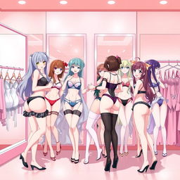 An anime-style illustration featuring a group of attractive anime girls trying on sexy lingerie in a trendy lingerie store