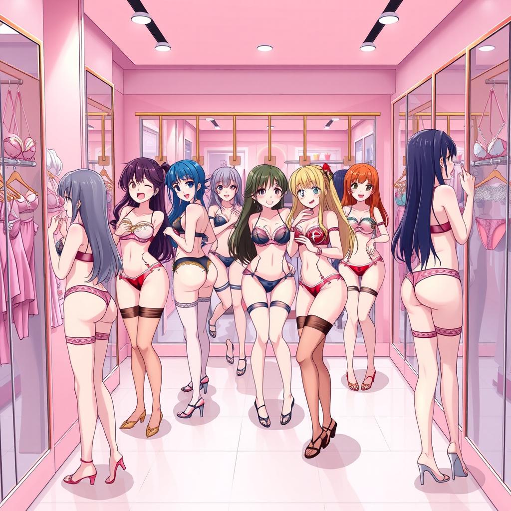 An anime-style illustration featuring a group of attractive anime girls trying on sexy lingerie in a trendy lingerie store