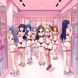 An anime-style illustration featuring a group of attractive anime girls trying on sexy lingerie in a trendy lingerie store