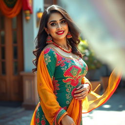 A busty and curvy Punjabi woman wearing a vibrant salwar kameez, looking seductive and confidently posing for the camera
