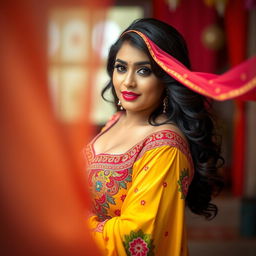 A busty and curvy Punjabi woman wearing a vibrant salwar kameez, looking seductive and confidently posing for the camera