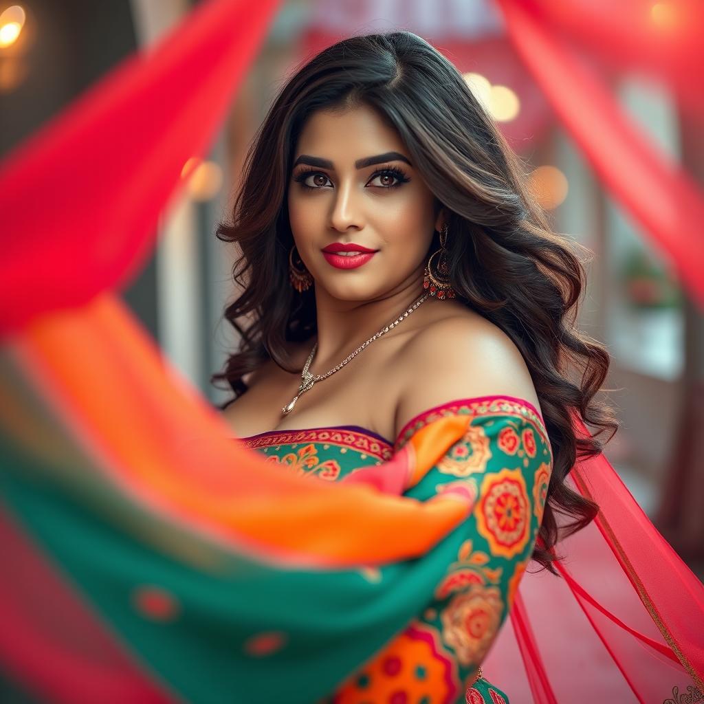 A busty and curvy Punjabi woman wearing a vibrant salwar kameez, looking seductive and confidently posing for the camera