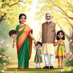 A whimsical family portrait featuring fictional representations of Bangladesh Prime Minister Sheikh Hasina and India's Prime Minister Narendra Modi as a married couple