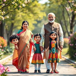 A whimsical family portrait featuring fictional representations of Bangladesh Prime Minister Sheikh Hasina and India's Prime Minister Narendra Modi as a married couple