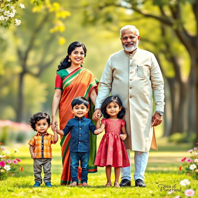 A whimsical family portrait featuring fictional representations of Bangladesh Prime Minister Sheikh Hasina and India's Prime Minister Narendra Modi as a married couple