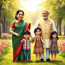 A whimsical family portrait featuring fictional representations of Bangladesh Prime Minister Sheikh Hasina and India's Prime Minister Narendra Modi as a married couple