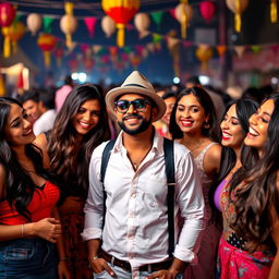 A stylish Indian man with dark skin, wearing black glasses and a trendy hat, confidently standing in the center of a vibrant scene