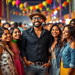 A stylish Indian man with dark skin, wearing black glasses and a trendy hat, confidently standing in the center of a vibrant scene