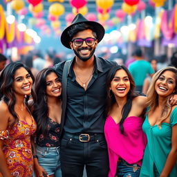 A stylish Indian man with dark skin, wearing black glasses and a trendy hat, confidently standing in the center of a vibrant scene