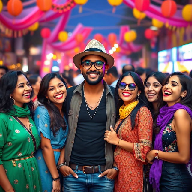 A stylish Indian man with dark skin, wearing black glasses and a trendy hat, confidently standing in the center of a vibrant scene