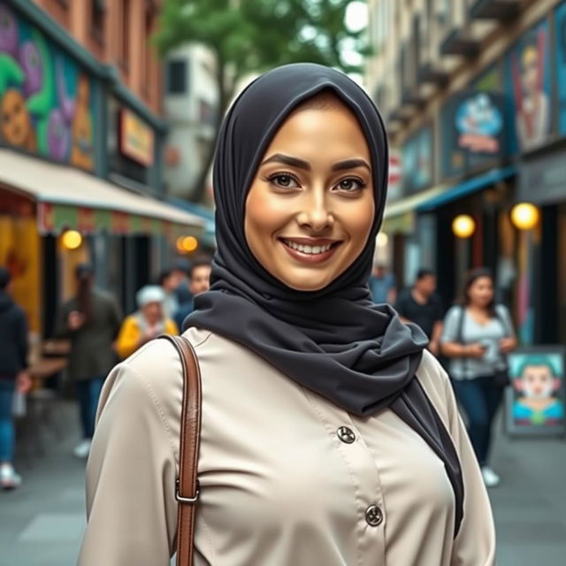 A beautiful Muslim woman in a stylish, modern hijab, showcasing her confidence and elegance