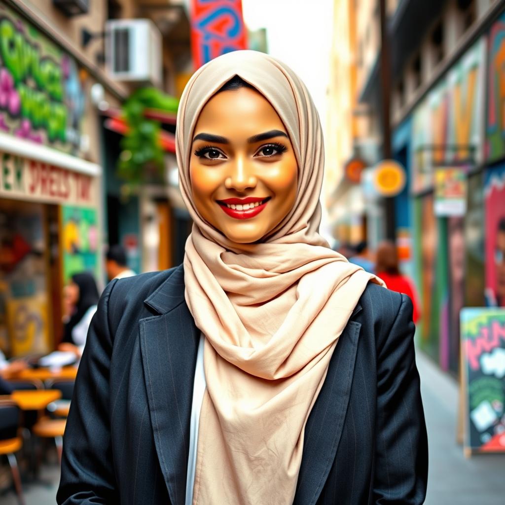 A beautiful Muslim woman in a stylish, modern hijab, showcasing her confidence and elegance