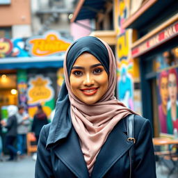 A beautiful Muslim woman in a stylish, modern hijab, showcasing her confidence and elegance
