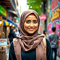 A beautiful Muslim woman in a stylish, modern hijab, showcasing her confidence and elegance