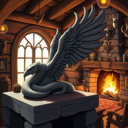 Anime style illustration of a beautifully detailed stone statue of a Couatl, gracefully draped along a mantle piece in a cozy fantasy hunting lodge