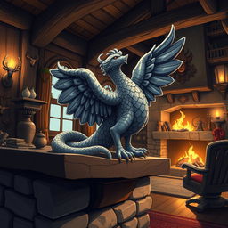 Anime style illustration of a beautifully detailed stone statue of a Couatl, gracefully draped along a mantle piece in a cozy fantasy hunting lodge
