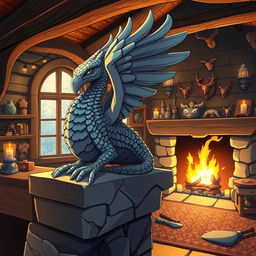 Anime style illustration of a beautifully detailed stone statue of a Couatl, gracefully draped along a mantle piece in a cozy fantasy hunting lodge