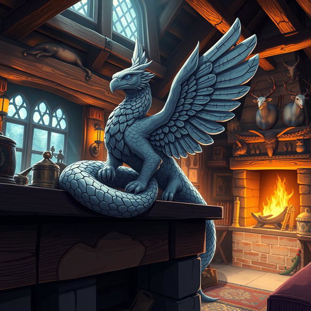 Anime style illustration of a beautifully detailed stone statue of a Couatl, gracefully draped along a mantle piece in a cozy fantasy hunting lodge