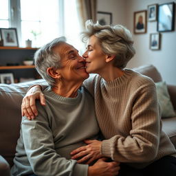 A warm and affectionate scene of a young man gently kissing his aunt's cheek in a cozy living room setting