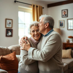 A warm and affectionate scene of a young man gently kissing his aunt's cheek in a cozy living room setting